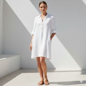 Chicos 100% Linen 3D Flower Placket VNeck Alabaster‎ Dress Sz 1/S Lagenlook NWT